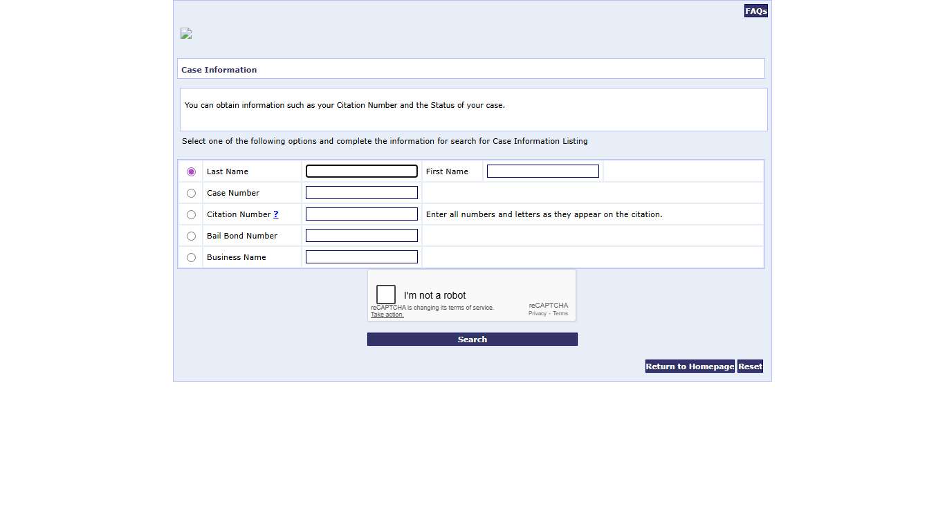 Case Information Search Page
